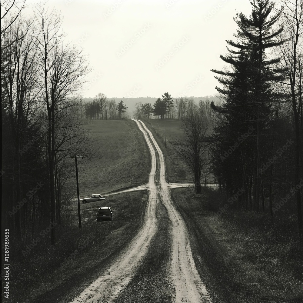 A lonely dirt road stretches through a wooded area. A lonely dirt road stretches through a wooded area.