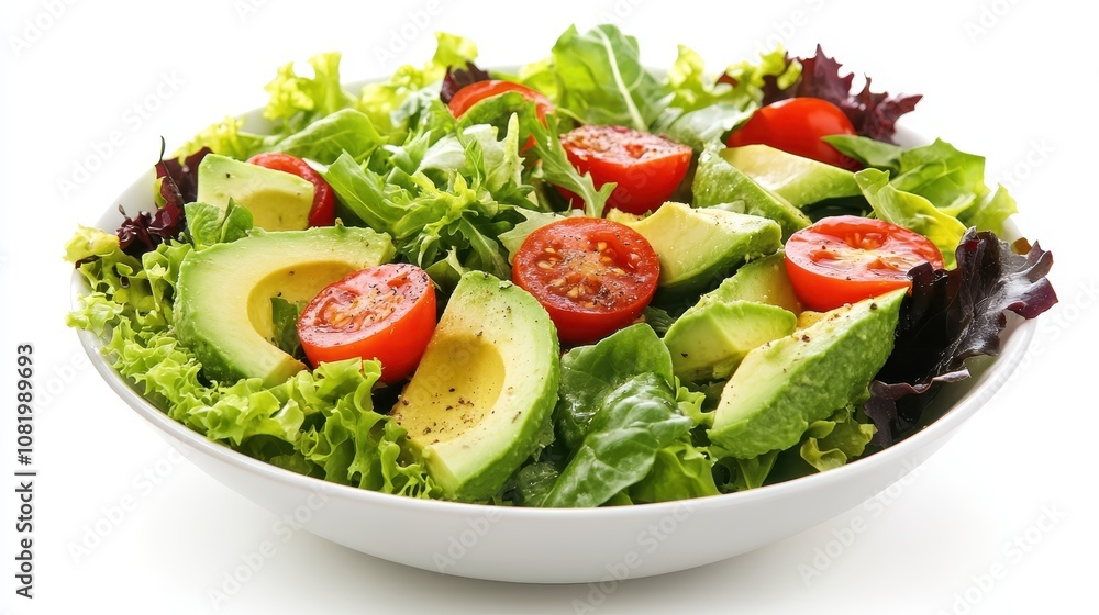 A bright salad bowl with fresh greens, sliced avocado, cherry tomatoes, and a light vinaigrette. A bright salad bowl with fresh greens, sliced avocado, cherry tomatoes, and a light vinaigrette.