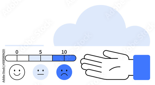 happy, neutral, and sad face icons with 0, 5, 10 numeric scale, hand icon, large blue cloud. Ideal for feedback emotions evaluation support mental health decision making digital services. Line