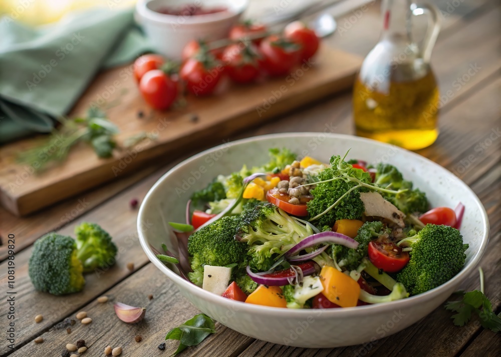 Woman Enjoying a Fresh and Colorful Salad with Broccoli in a Tilt-Shift Photography Style, Highlighting Vibrant Colors and Fresh Ingredients on a Rustic Wooden Table Woman Enjoying a Fresh and Colorful Salad with Broccoli in a Tilt-Shift Photography Style, Highlighting Vibrant Colors and Fresh Ingredients on a Rustic Wooden Table