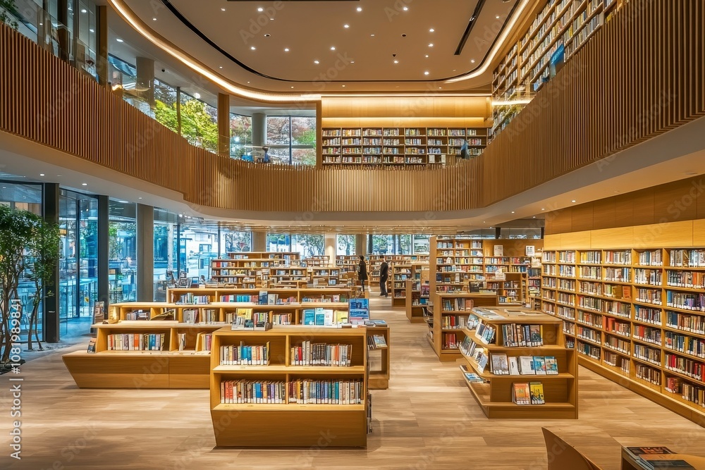 Modern library with bookshelves and wood floors. Modern library with bookshelves and wood floors.