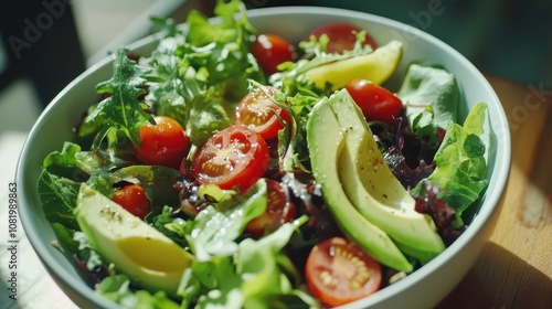 A bright salad bowl with fresh greens, sliced avocado, cherry tomatoes, and a light vinaigrette.