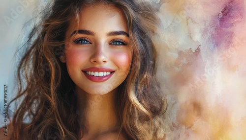 Portrait of a beautiful young woman with long brown hair and blue eyes smiling.