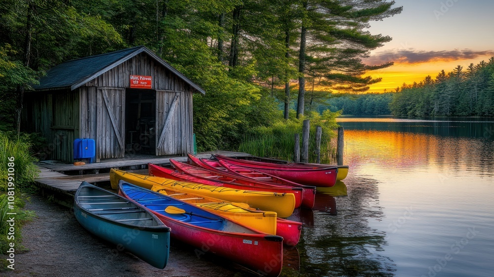 Fototapeta premium Colorful Canoes at Sunset by a Wooden Boathouse on a Still Lake
