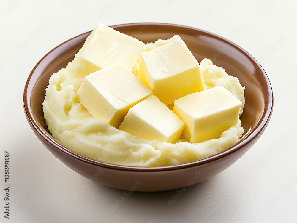 A bowl of butter and mashed potatoes in a bowl. A bowl of butter and mashed potatoes in a bowl.