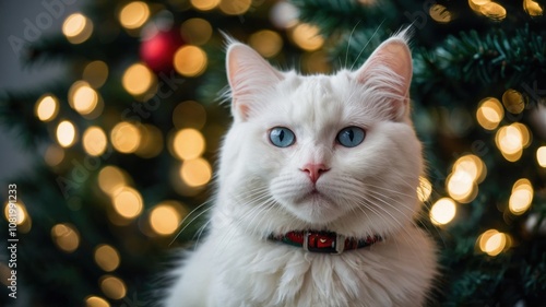 christmas portrait of a white cat whit hat santa