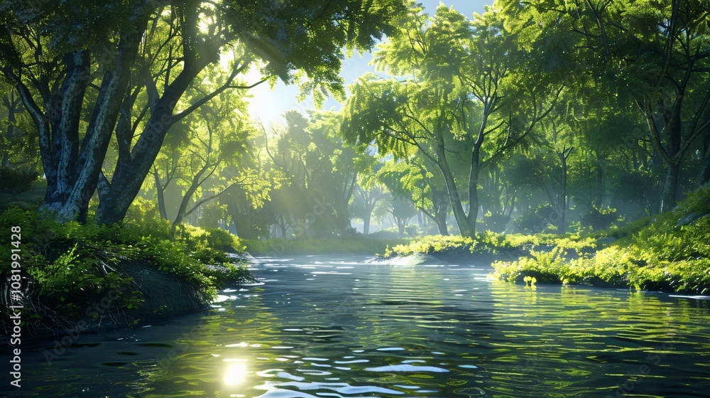 Obraz premium A Scene of Sunrays Passing Through Trees