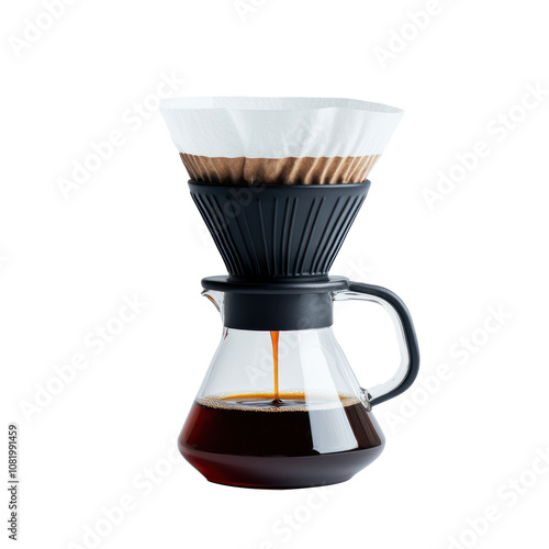 A sleek coffee maker brews aromatic coffee through a paper filter, showcasing a modern design with a glass carafe.