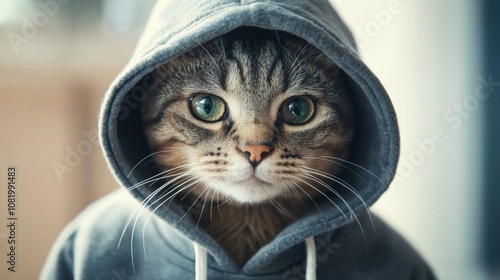 Cool Cat in a Hoodie Promoting Fashion Online Deals photo