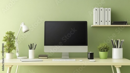 Modern Workspace with Cyber Monday Message on Green Wooden Desk photo