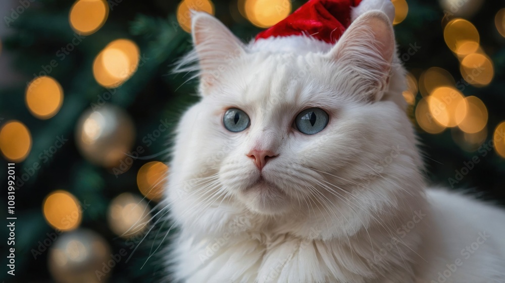 christmas portrait of a white cat whit hat santa christmas portrait of a white cat whit hat santa