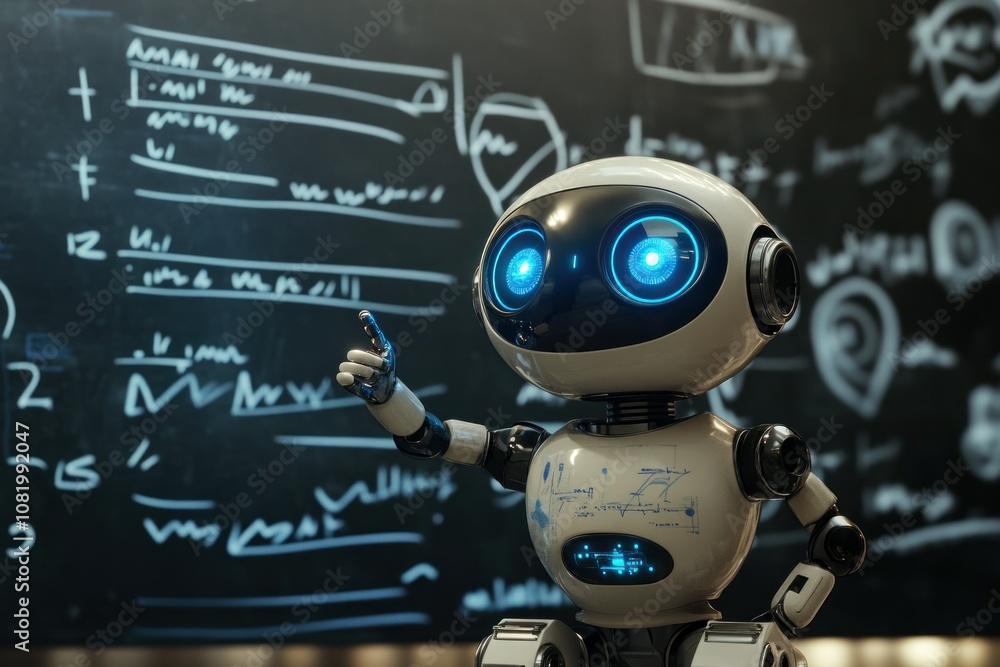 A cute robot with blue eyes is standing in front of the blackboard A cute robot with blue eyes is standing in front of the blackboard