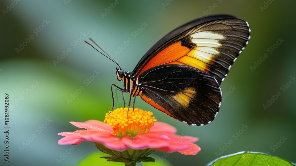 A Close-Up of a Black, Orange, and White Butterfly on a Pink Flower A Close-Up of a Black, Orange, and White Butterfly on a Pink Flower