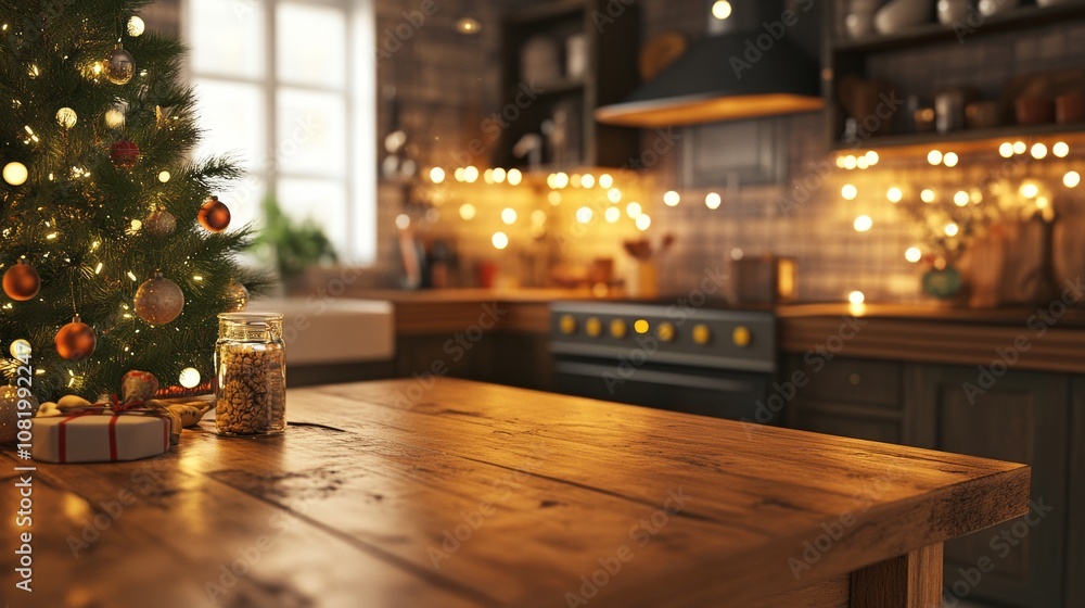 Festive Holiday Kitchen with Wooden Table, Christmas Tree, and Twinkling Lights Festive Holiday Kitchen with Wooden Table, Christmas Tree, and Twinkling Lights