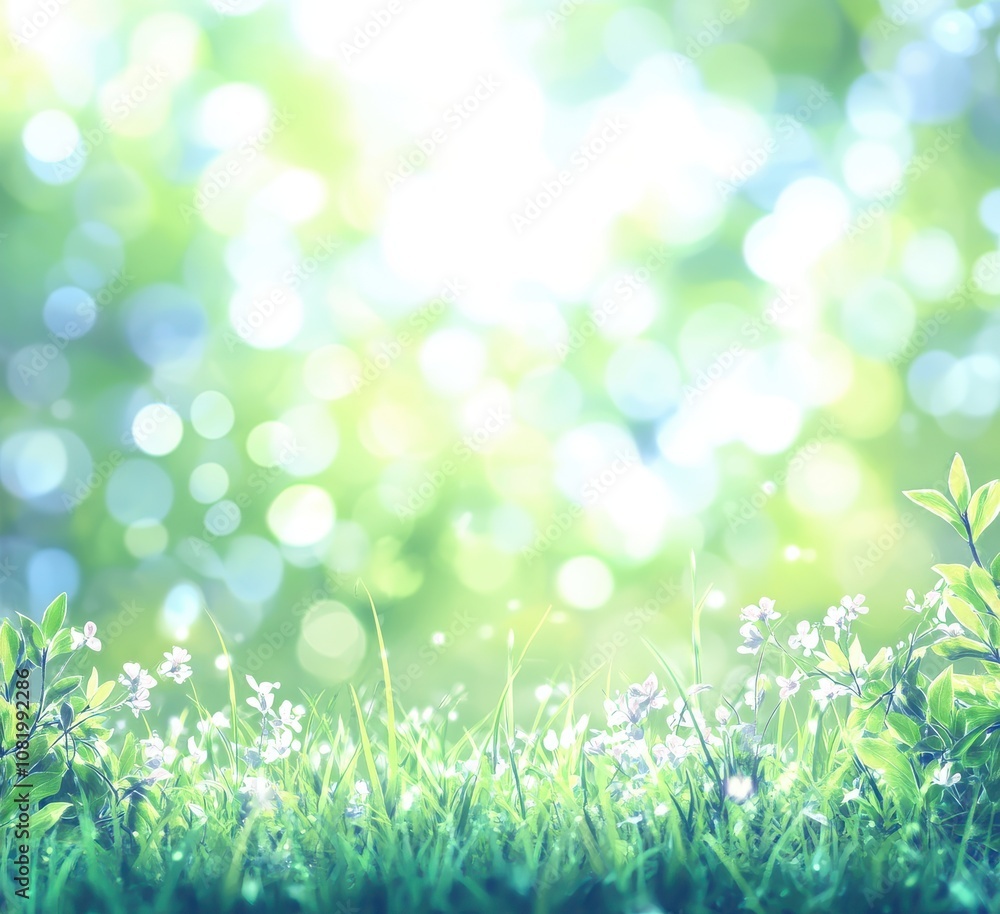 Blurred Spring Background with Green Grass and Light Bokeh Blurred Spring Background with Green Grass and Light Bokeh