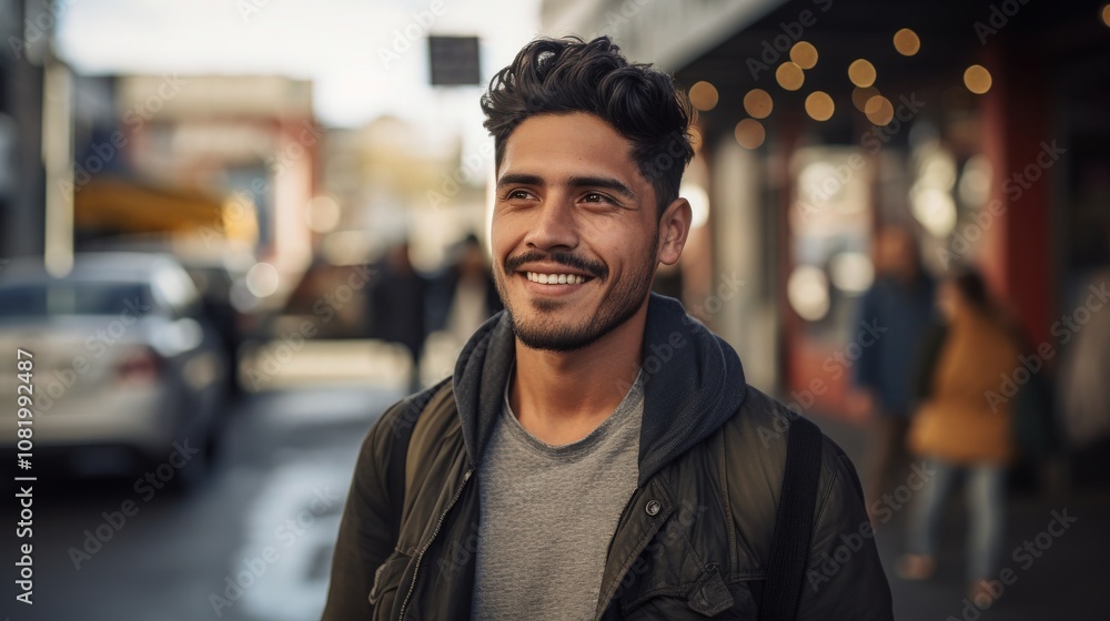 Happy Latino man smiling brightly in cinematic style - stock photo. Happy Latino man smiling brightly in cinematic style - stock photo.