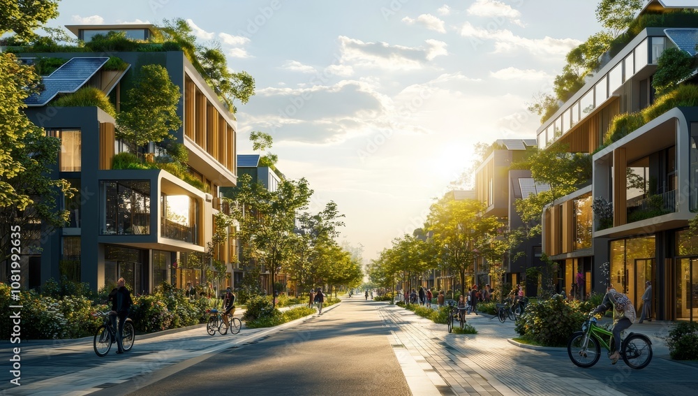 Obraz premium Futuristic Urban Landscape with Bicycle and Sustainable Architecture