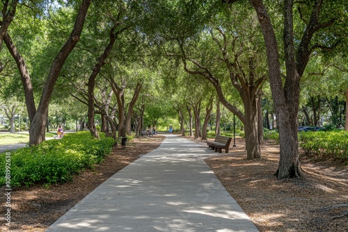 A paved path through a canopy of trees.