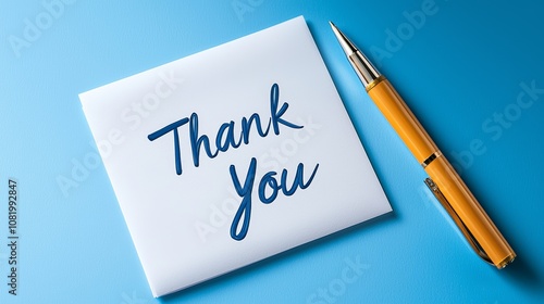 Handwritten Thank You Note on Blue Background with Pen