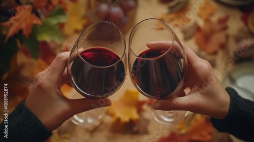 Hands Holding Glasses of Red Wine for Thanksgiving Celebration photo