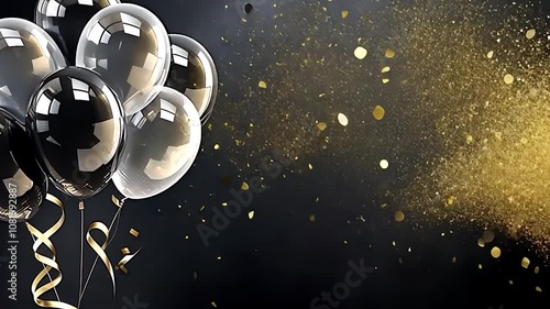 Balloons and confetti falling on a festive dark background with copy space, happy birthday party celebration