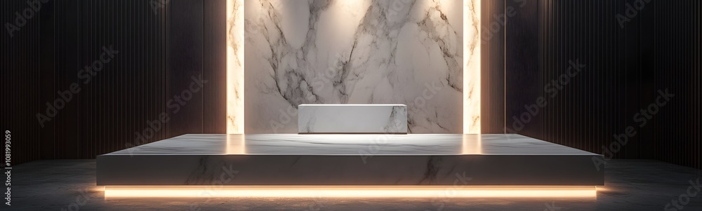 Product display podium with gray and Dark blue light Background