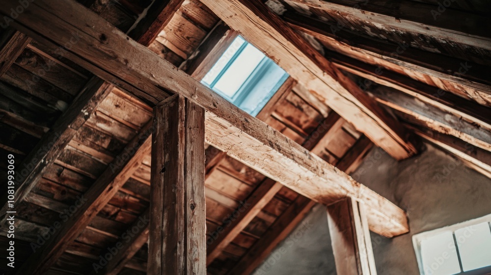 Rustic Wooden Roof Interior with Skylight Opening Rustic Wooden Roof Interior with Skylight Opening