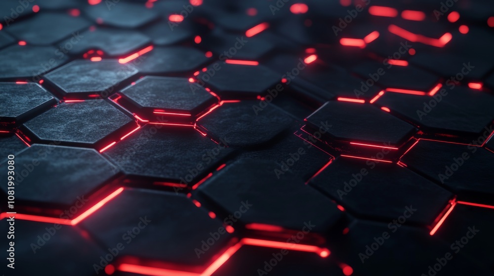 Fototapeta premium Futuristic Hexagonal Pattern with Neon Red Glow on Dark Surface, Ideal for Technology Themes and Digital Designs in Modern Aesthetic Environments
