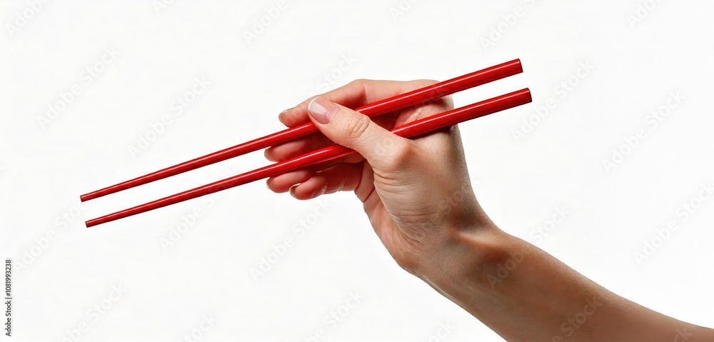 © Png - Video - Photo - A hand holding vibrant red chopsticks against a clean white background, perfect for culinary and dining themes.