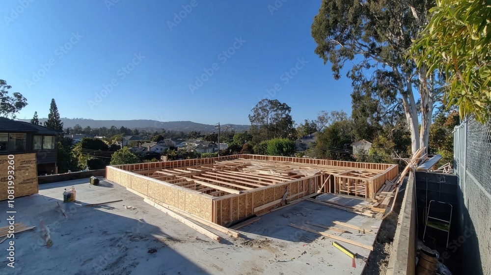 Framing Structure on Construction Site Under Clear Sky Framing Structure on Construction Site Under Clear Sky