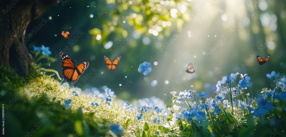 A Serene Scene of Colorful Butterflies Dancing Among Vibrant Blue Flowers in a Sunlit Forest Glade with Soft Rays of Light Filtering Through the Trees A Serene Scene of Colorful Butterflies Dancing Among Vibrant Blue Flowers in a Sunlit Forest Glade with Soft Rays of Light Filtering Through the Trees