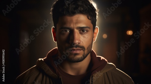 Latino man portrait with cinematic stock photo quality at f/1.8 depth of field