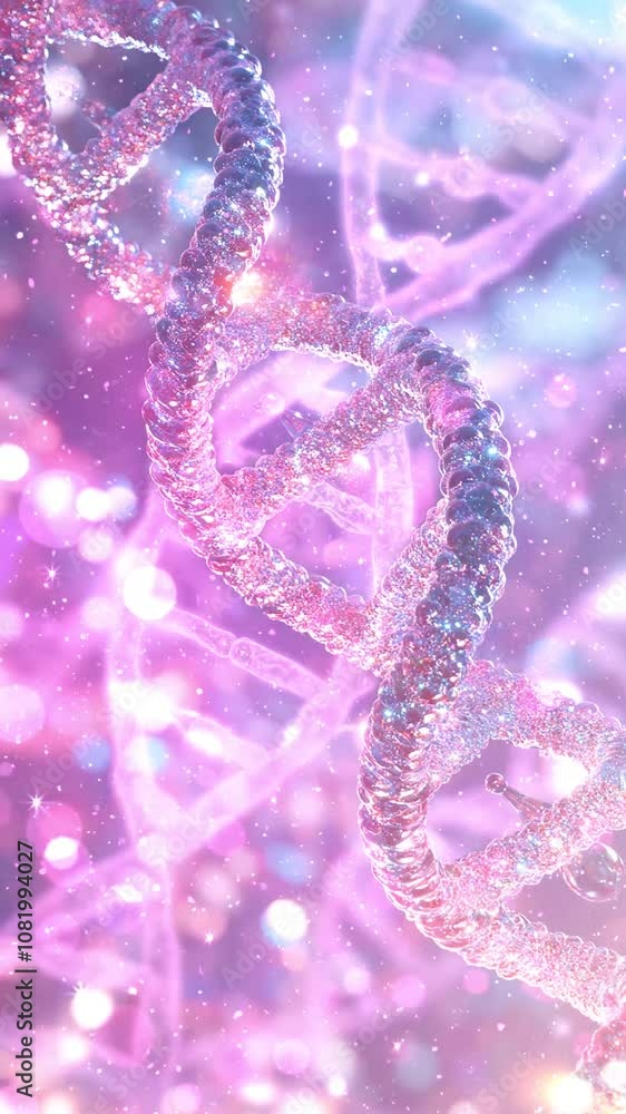 Glowing DNA Helix in a Soft Focus Background. Seamless looping motion design. Video animation. Vibrant and illuminated DNA double helix structure, artistically displayed against a shimmering Glowing DNA Helix in a Soft Focus Background. Seamless looping motion design. Video animation. Vibrant and illuminated DNA double helix structure, artistically displayed against a shimmering
