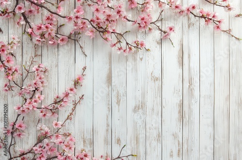 Delicate Cherry Blossom Branches Against a Rustic Wooden Background, Perfect for Spring or Nature-Themed Decor and Design Projects