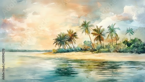 Tropical Paradise Watercolor: Serene Palm Beach Sunset