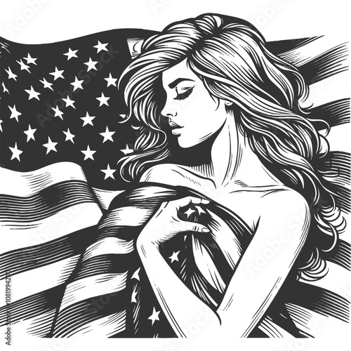 graceful woman draped in the American flag, serene and patriotic expression in vintage-style artwork sketch engraving generative ai vector illustration. Scratch board imitation. Black and white image