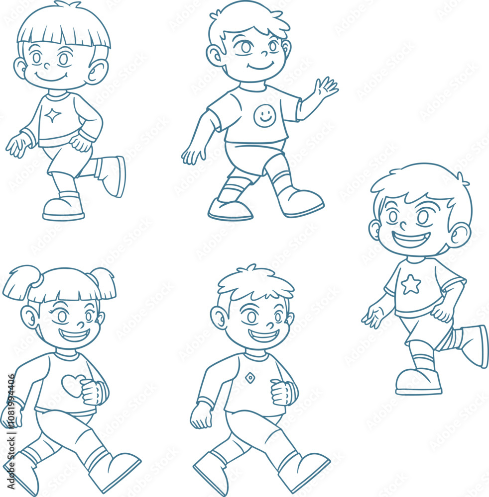 Outline Illustration Vector Set of Happy Running Kids Outline Illustration Vector Set of Happy Running Kids