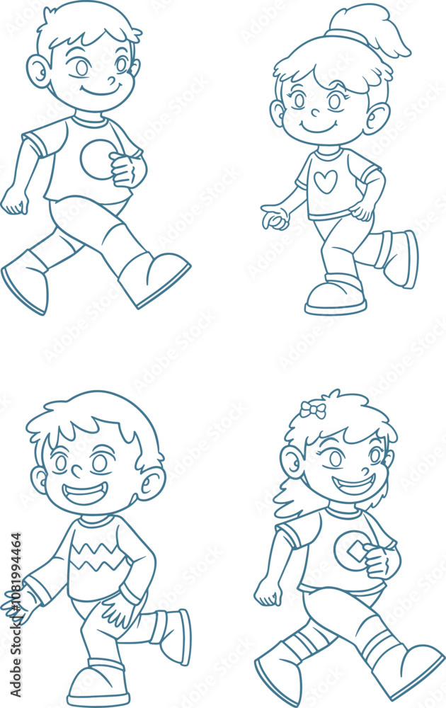 Vector Outline Illustration Set of Happy Running Boy and Girl Vector Outline Illustration Set of Happy Running Boy and Girl