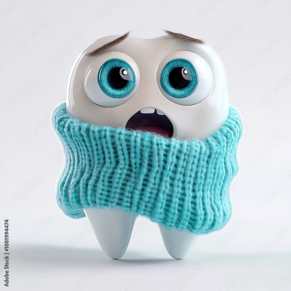Fototapeta premium Surprised Tooth Character in a Winter Scarf.