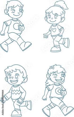 Vector Outline Illustration Set of Happy Running Boy and Girl