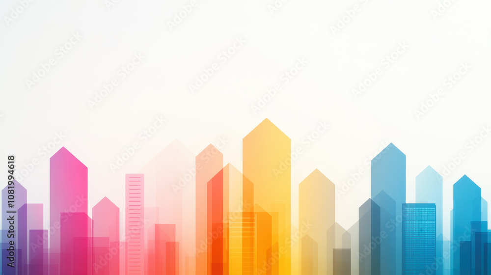 Colorful city skyline with abstract geometric shapes and gradients. vibrant hues of pink, yellow, and blue create modern and artistic urban landscape Colorful city skyline with abstract geometric shapes and gradients. vibrant hues of pink, yellow, and blue create modern and artistic urban landscape