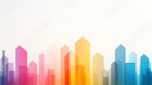 Colorful city skyline with abstract geometric shapes and gradients. vibrant hues of pink, yellow, and blue create modern and artistic urban landscape