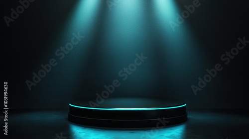 A minimalist podium illuminated by blue spotlights, perfect for presentations or events showcasing talent.