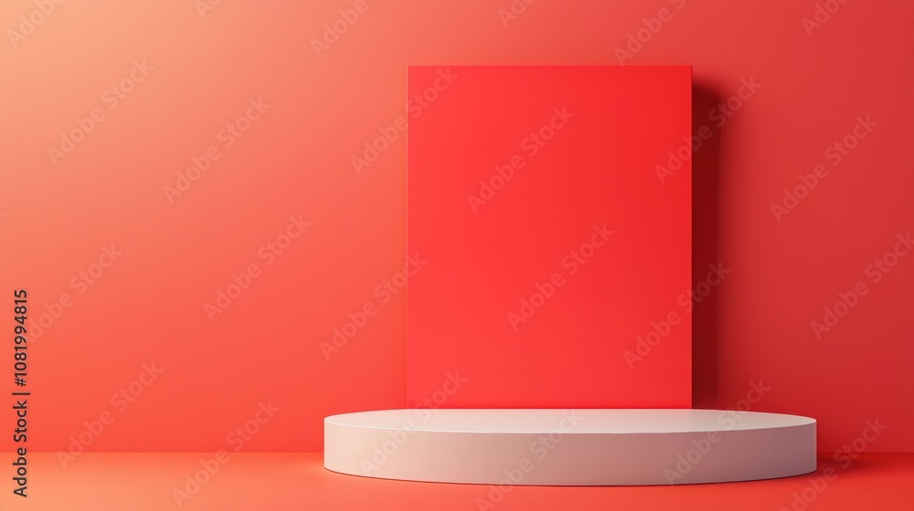 A minimalist red background with a circular pedestal, perfect for showcasing products or artwork. A minimalist red background with a circular pedestal, perfect for showcasing products or artwork.