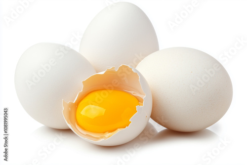 A close up of a cracked egg with a yellow yolk