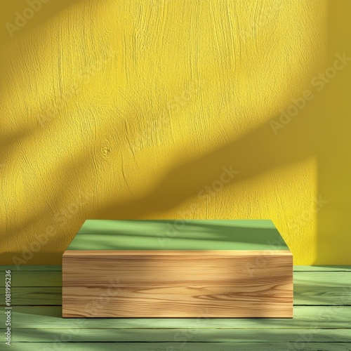 A minimalist wooden box on a colorful background casting soft shadows, perfect for product displays.