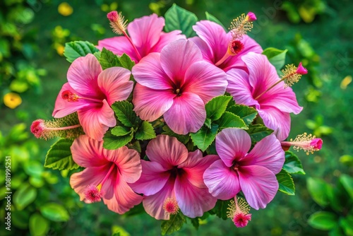 Stunning Aerial Photography of Pink Hibiscus Flowers Bouquet with Lush Green Background, Ideal for Floral Decor, Nature Lovers, and Vibrant Floral Arrangements in Stock Imagery