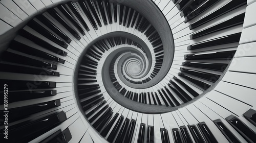 A unique abstract spiral piano keyboard resembling an endless staircase Blackandwhite piano keys arranged in a circular repetitive pattern as a musicthemed design