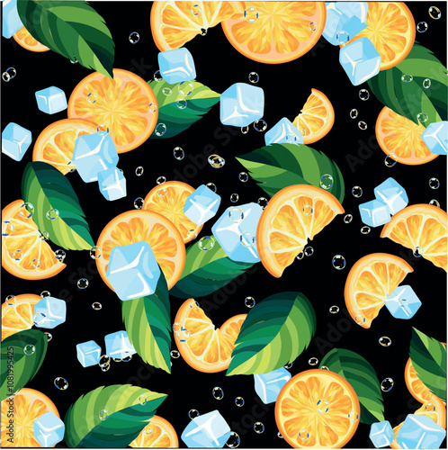 pattern orange mojito with ice, mint and bubbles on black background photo