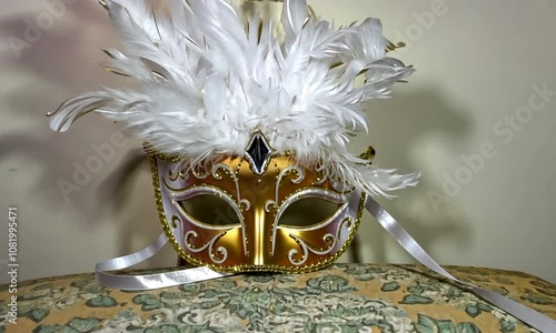 Zoom sur un masque de carnaval blanc et or, loup doré orné de plumes blanches élégantes, ambiance festive et mystérieuse pour carnaval de Venise